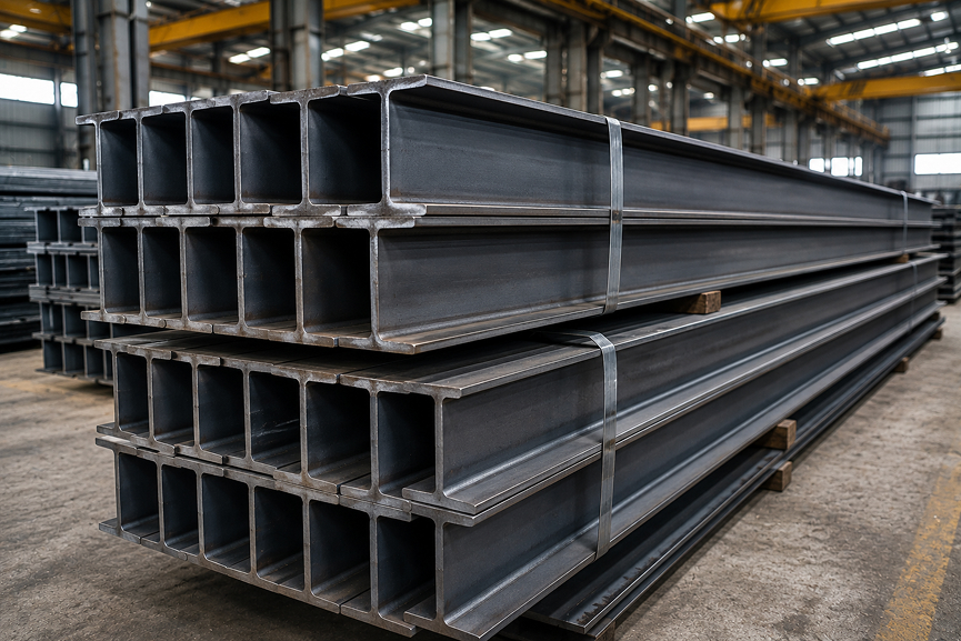 Structural steel beams stacked in a warehouse