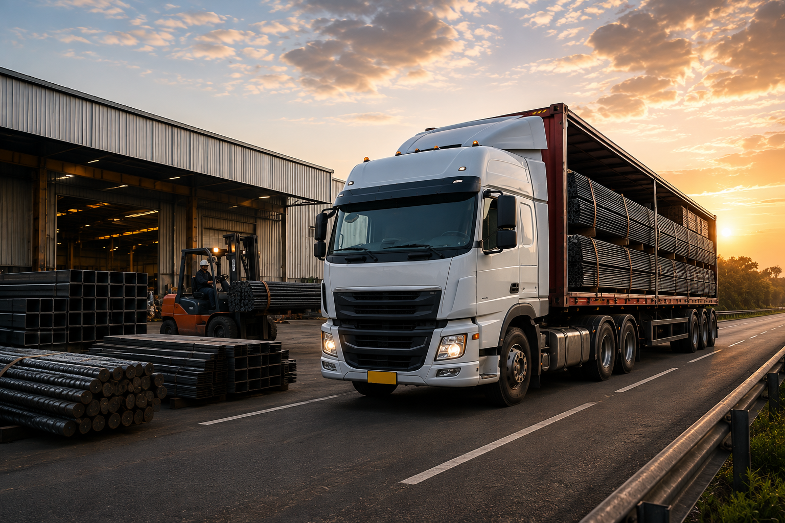 Steel delivery truck leaving industrial warehouse