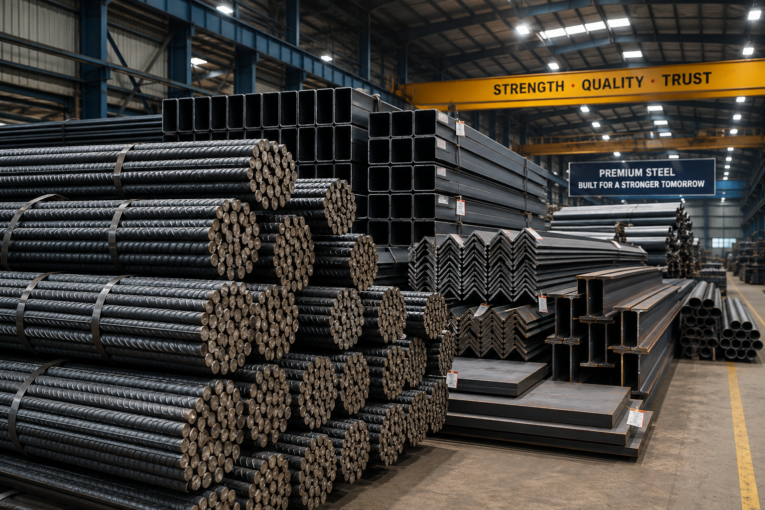 Steel products arranged inside warehouse