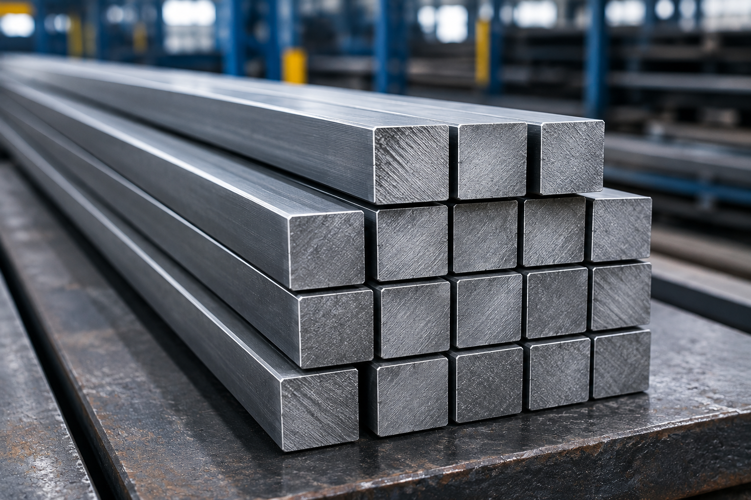 Square bars stacked in warehouse